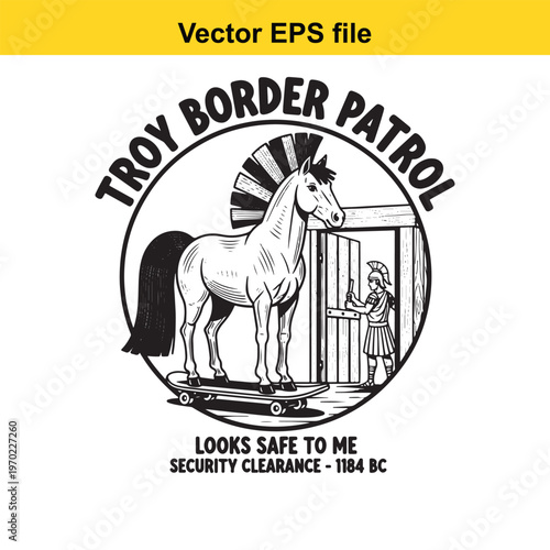 Troy border patrol logo with horse on skateboard