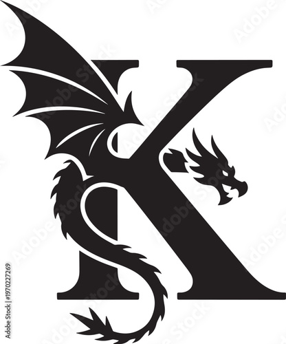 Stylized dragon wrapped around decorative initial letter K, dark silhouette graphic