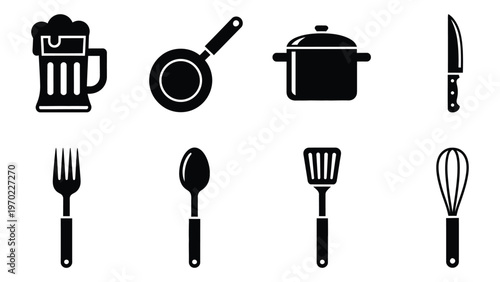 A collection of black kitchenware icons including a mug pan pot utensils and knife silhouette high quality professional detailed modern elegant