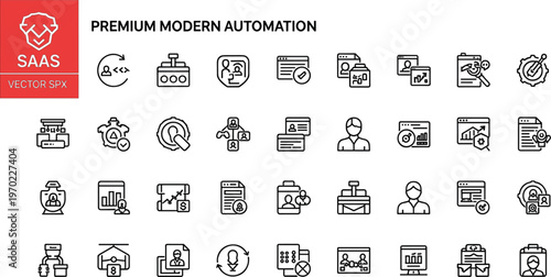 SaaS automation and business workflow line icon set featuring process automation analytics dashboards system integration and enterprise management tools
