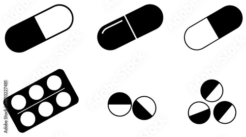 medicine capsules and tablets medical icon set