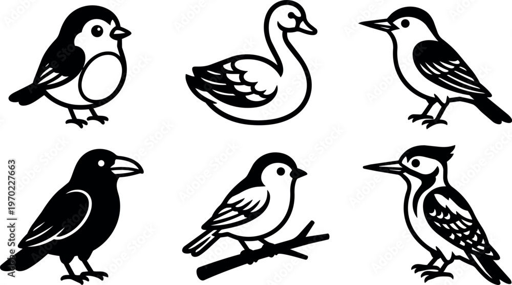 Fototapeta premium Black and white bird collection with sparrow swan crow woodpecker and branch line art