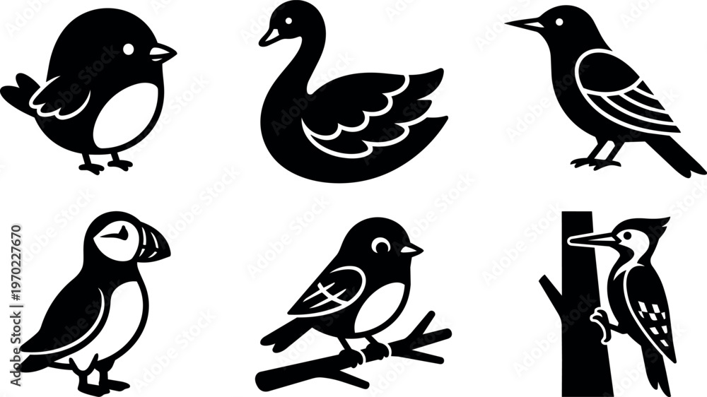Obraz premium Six different bird silhouettes with distinct wing and beak shapes