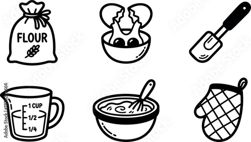 Black and white line art baking icons with flour eggs mixing bowl and oven mitt