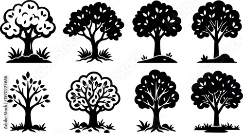 Black and white line art set of eight stylized trees with foliage and grass