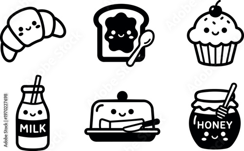 Cute kawaii breakfast food icons with smiling faces in black and white vector art