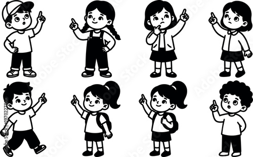 Eight children pointing with inquisitive expressions