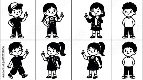 Children pointing up with different hairstyles and backpacks