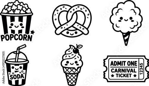 Cute black and white cartoon popcorn pretzel soda ice cream cotton candy and carnival ticket icons