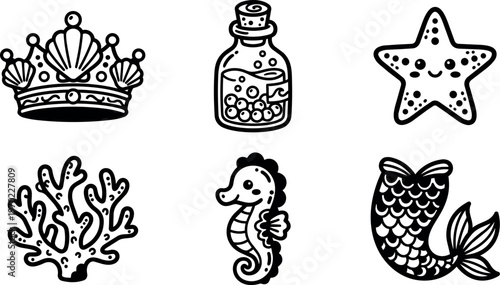 Black and white sea crown starfish coral seahorse and mermaid tail vector art