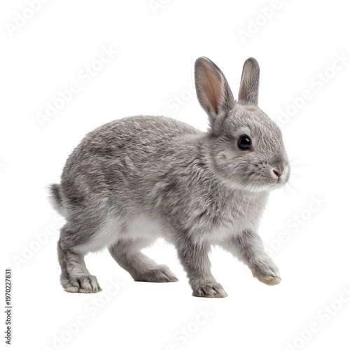 A lively baby rabbit with soft grey fur, photographed in motion, offering a versatile cutout.