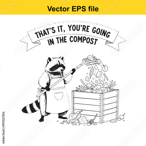 Raccoon adding trash to compost pile with a humorous warning