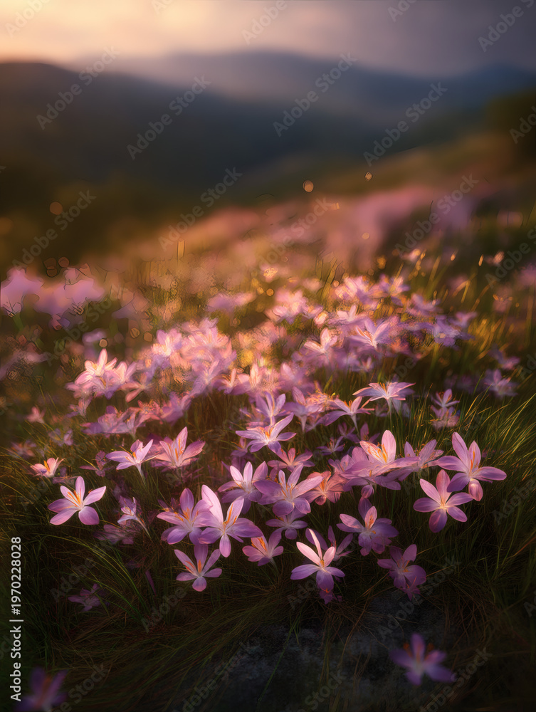 Obraz premium photo of Crocus clusters with lavender petals and green leaves, golden light casting halo, blurred field of flowers in background, cinematic atmosphere, copy space. sunrise, crocus, clusters,