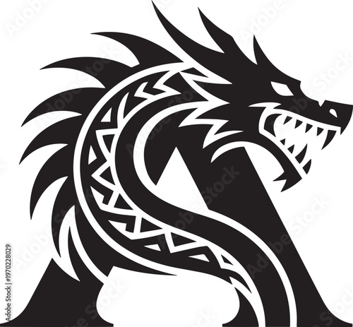 Stylized illustration of a fierce mythical dragon's head with sharp teeth and ornate scales, de