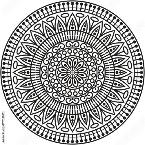 A beautifully detailed decorative mandala design created with intricate floral and geometric elements arranged in a perfectly balanced circular composition.