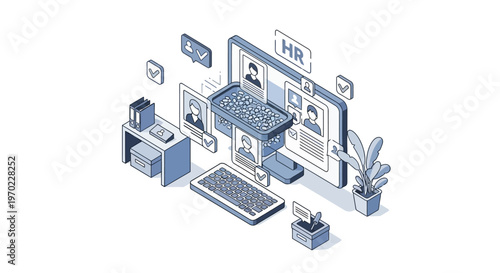 Human Resources Recruitment and Candidate Screening Process Isometric Illustration. Automated Applicant Tracking System (ATS) Concept with Computer and Digital Profiles.