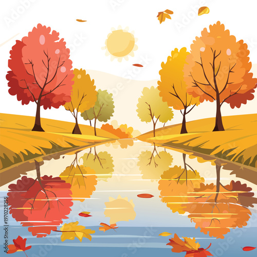 Autumnal landscape illustration trees reflecting in a tranquil waterway