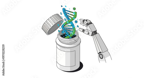 Robotic Arm and DNA Helix Emerging from a Pill Bottle: Isometric Illustration for AI in Biotechnology, Genetic Engineering, and Digital Personalized Medicine