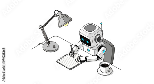 AI Robot Assistant Writing in a Notebook at a Desk, Isometric 3D Illustration of Artificial Intelligence Copywriter, Automation and Smart Technology Concept