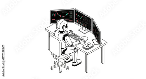 AI Trading Bot Analyzing Stock Market Charts on Multiple Monitors, Automated Financial Investment Concept Illustration