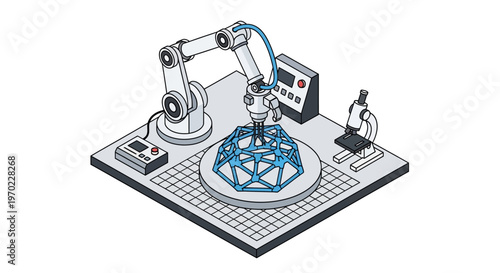 Isometric Illustration of Robotic Arm Assembling a Blue Geodesic Structure on a Research Workbench with Microscope and Control Panel - Industry 4.0 Concept