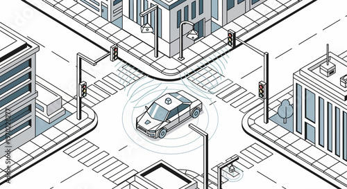 Isometric Smart City Illustration of Autonomous Self-Driving Car Navigating Urban Intersection with Sensor Technology and Connected Infrastructure