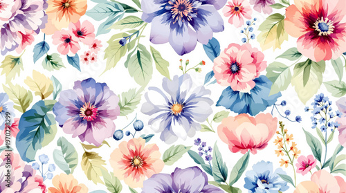 Romantic botanical background filled with blooming flowers and subtle leaves arranged in a graceful composition