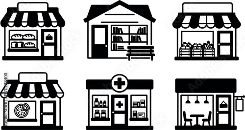 Black and white vector shop icons bakery pharmacy grocery cafe library market