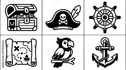 Black and white pirate treasure chest hat map parrot anchor and ship wheel icons