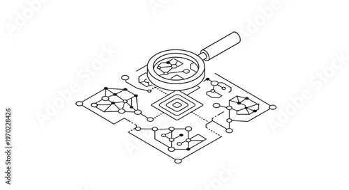 Isometric Line Art Magnifying Glass Analyzing Neural Network and Data Nodes, AI Research Concept Vector