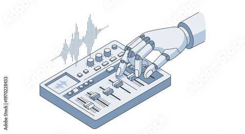 AI Music Production Illustration: Robotic Hand Using Audio Mixer Console with Waveform, Isometric Vector Art