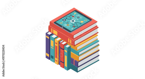 Isometric Illustration of Digital Tablet on Stack of Books Representing E-learning and Knowledge Network