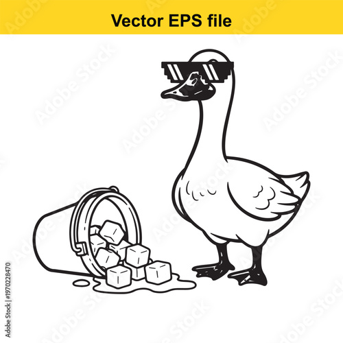 A goose wearing sunglasses next to a bucket of ice cubes