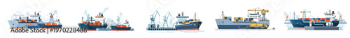 Flat vector illustration of a cargo ship being refueled at the harbor dock, simple industrial shapes, modern maritime logistics concept, white background