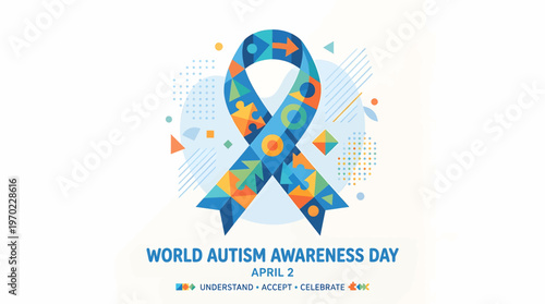 Vibrant puzzle ribbon graphic symbolizing global autism awareness day, promoting understanding, acceptance, and celebration for individuals with autism spectrum disorder