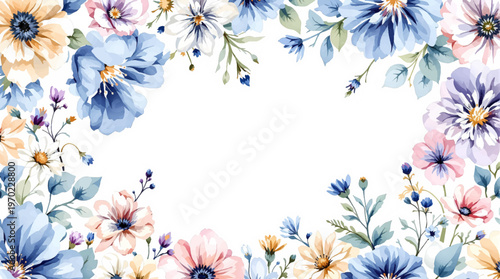 Delicate spring flowers arranged into a graceful and artistic border frame