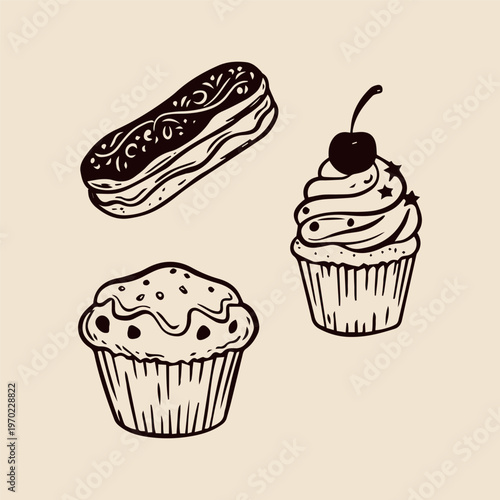 Cupcake and éclair dessert illustration set. Perfect for bakery branding, menu design, packaging and café visuals.