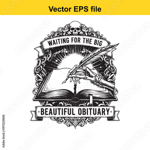 A black and white illustration of a quill pen writing an obituary