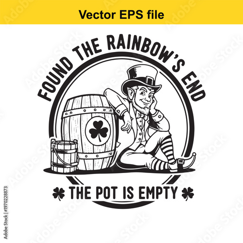 A leprechaun sitting next to a barrel with a shamrock on it