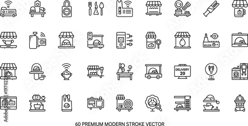 Retail and shopping line icon set featuring store delivery payment marketplace commerce symbols modern outline vector collection