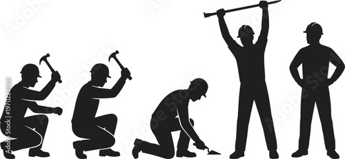 Abstract double exposure with human portrait and construction worker silhouettes, creative concept of labor, identity and industry isolated on light background