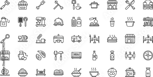 Restaurant dining and cooking line icon set featuring kitchen utensils food preparation minimal outline vector collection