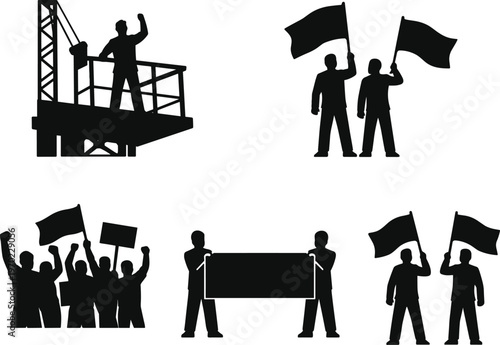 Protest and worker silhouettes with flags, banners and construction platform figures isolated on white background social movement and labor concept