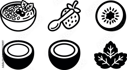 Smoothie bowl strawberry kiwi coconut and mint leaves