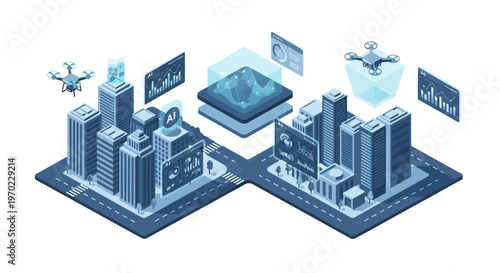 Futuristic smart city concept with holographic displays, drones, and data visualization, representing urban technology and innovation.