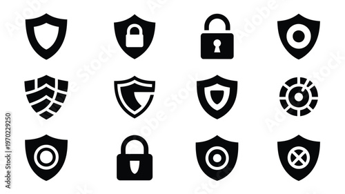 Black and white cyber security silhouette icons featuring shields locks and protective symbols for digital safety