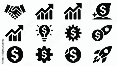 Modern black and white icons symbolizing startup funding growth and financial success in business