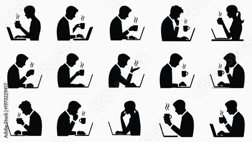 Silhouettes of entrepreneurs brainstorming and working on laptops in modern startup office setting creative business ideas concept