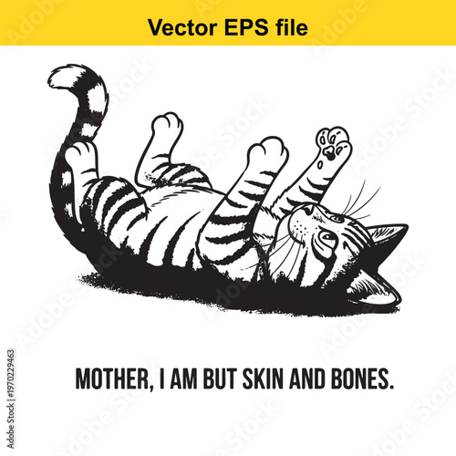 A black and white drawing of a cat on its back