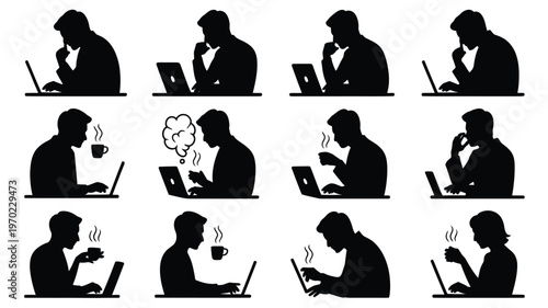 Silhouettes of professionals working on laptops brainstorming drinking coffee and reading books in thoughtful poses